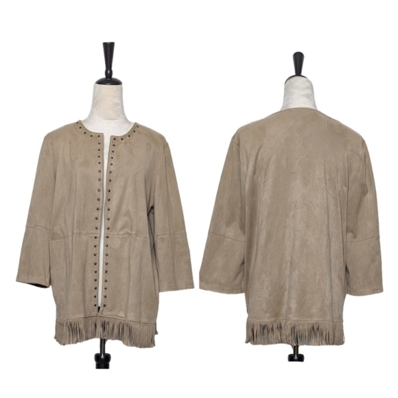 Allison Daley Faux Suede Open Front Western Tan Fringe Silver Studs Jacket Large - Picture 11 of 11